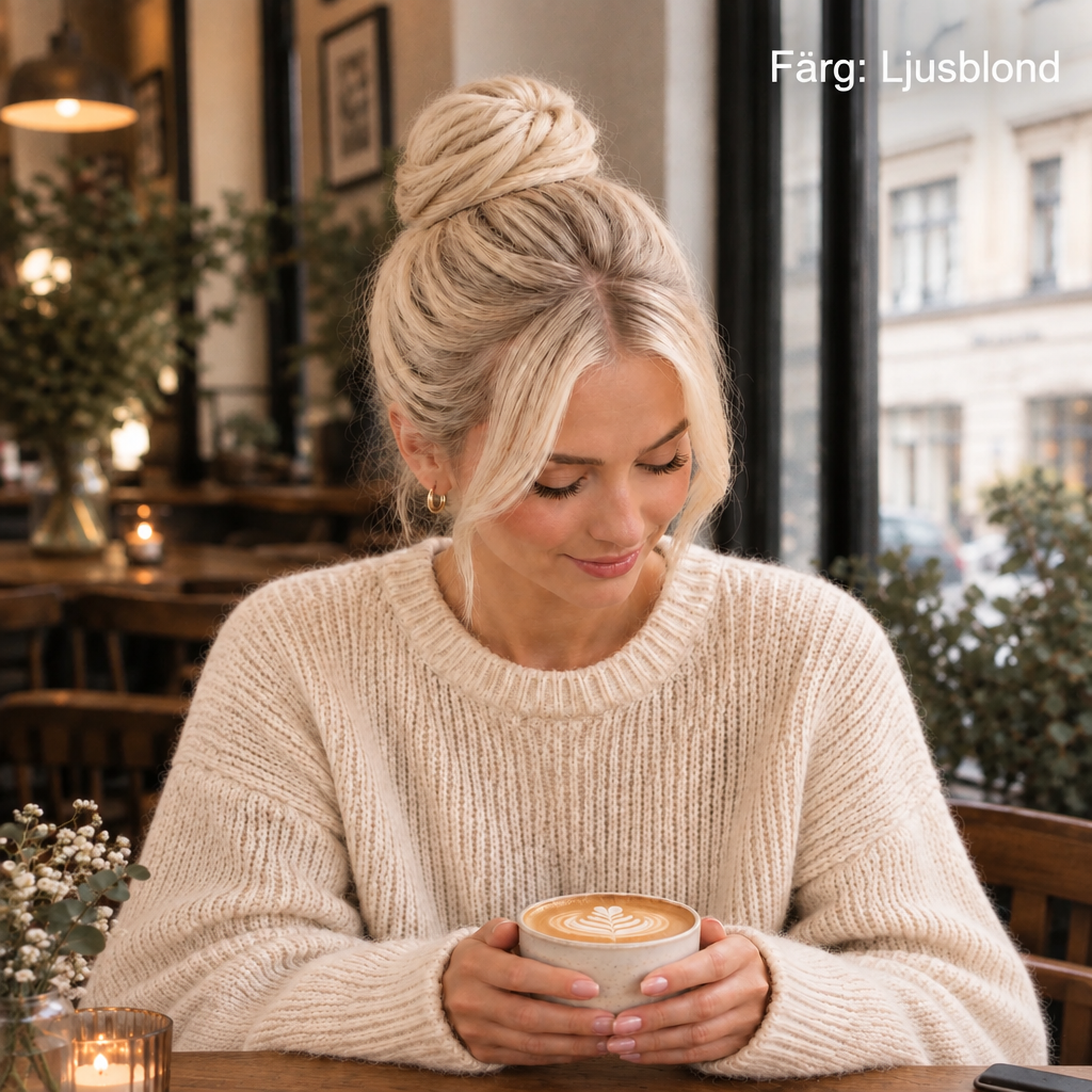 Blond tjej på café med mindre hårknut